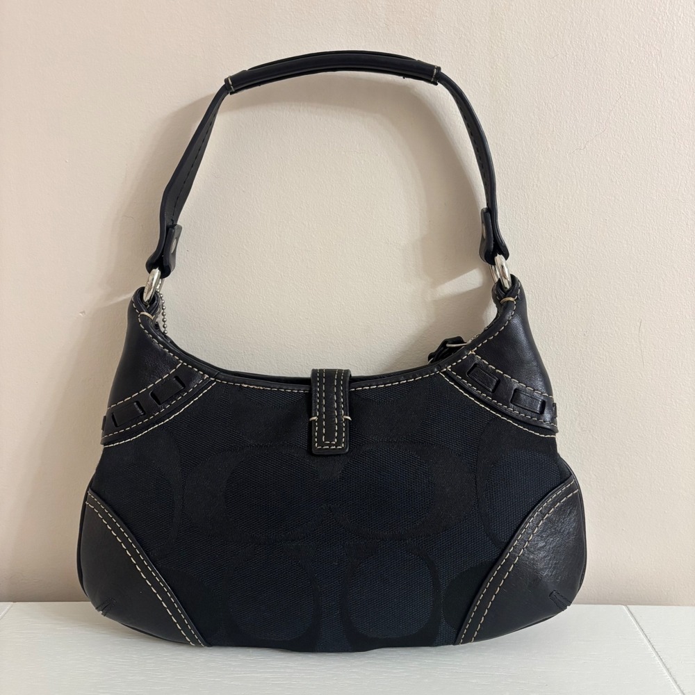 Coach Hampton Signature Mini Shoulder Bag Black Leather Snakeskin Baguette 10287 - Picture 2 of 10